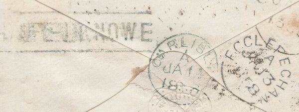 136709 1858 MAIL ECCLEFECHAN, DUMFRIES TO CANONBIE, MISSENT TO NEWCASTLETON  WITH 'CHAPELKNOWE' TYPE B1 AND 'NEWCASTLETON' TYPE D1 SCOTS LOCAL BACK STAMPS.