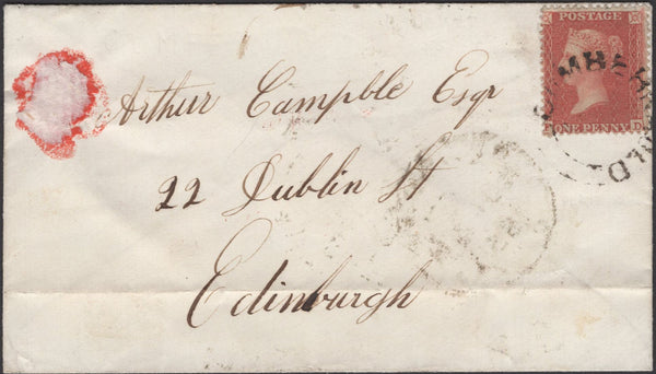 136726 1855 MAIL GLASGOW TO EDINBURGH WITH 'CUMBERNAULD' SCOTS LOCAL CANCELLATION TYPE XX.