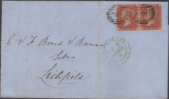 136755 1855 PART WRAPPER LONDON TO LICHFIELD WITH DIE 2 1D PL.7 (SG24) HORIZONTAL PAIR LETTERED AD AE, BOTH MISSING IMPRIMATUR LETTERINGS.