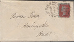136756 1855 MAIL USED IN BRISTOL WITH DIE 2 1D PL.2 (SG21)(CJ) WITH 'HOTWELLS' UDC.