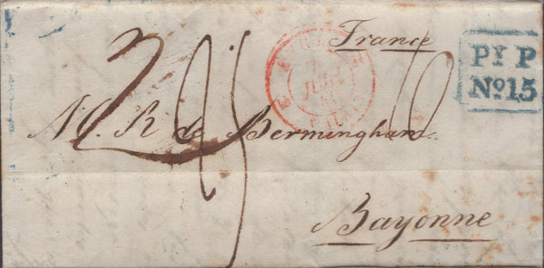 136761 1840 MAIL HANDSWORTH, BIRMINGHAM TO FRANCE WITH 'HANDSWORTH' RECEIVERS HAND STAMP (BM328) AND BOXED 'PY. P/No.15' HAND STAMP (BM261) BOTH IN BLUE.