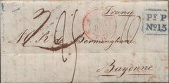 136761 1840 MAIL HANDSWORTH, BIRMINGHAM TO FRANCE WITH 'HANDSWORTH' RECEIVERS HAND STAMP (BM328) AND BOXED 'PY. P/No.15' HAND STAMP (BM261) BOTH IN BLUE.