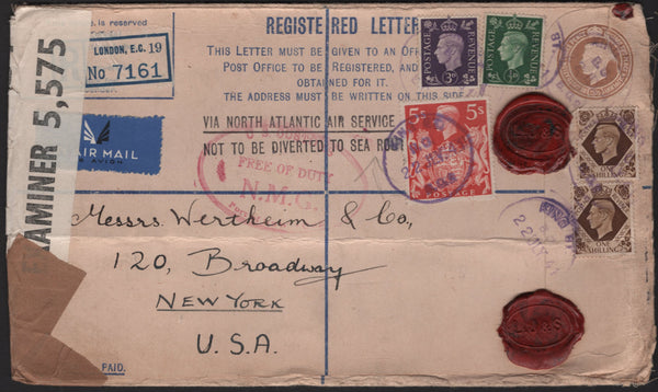 136784 1941 REGISTERED AIR MAIL LONDON TO NEW YORK WITH 5S RED (SG477) AND OTHER VALUES.