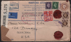 136784 1941 REGISTERED AIR MAIL LONDON TO NEW YORK WITH 5S RED (SG477) AND OTHER VALUES.