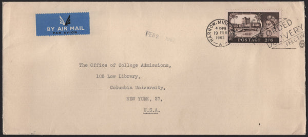 136787 1962 AIR MAIL HARROW, MIDDLESEX TO NEW YORK WITH 2/6 CASTLE.