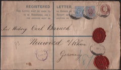 136789 1904 LARGE REGISTERED ENVELOPE LONDON TO GERMANY WITH 2½D AND 9D.