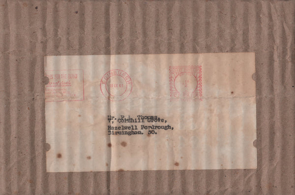 136796 1961 MAIL EDINBURGH TO BIRMINGHAM WITH 'ARTICLES FOR THE BLIND' ½D METER MARK.
