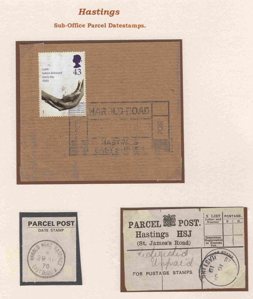136797 HASTINGS, SUSSEX COLLECTION OF PARCEL POST LABELS 1887-1978 (37 ITEMS).
