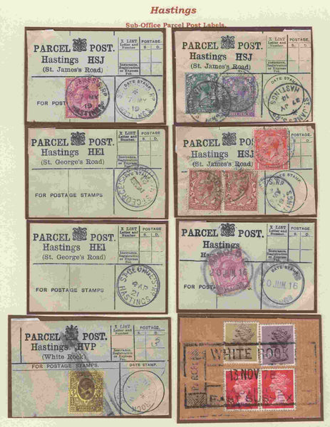 136797 HASTINGS, SUSSEX COLLECTION OF PARCEL POST LABELS 1887-1978 (37 ITEMS).