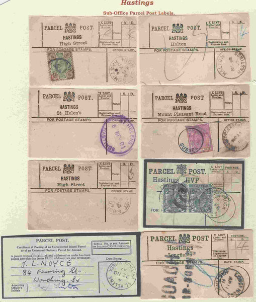 136797 HASTINGS, SUSSEX COLLECTION OF PARCEL POST LABELS 1887-1978 (37 ITEMS).