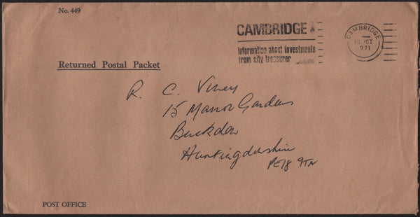 136821 1971 UNDELIVERED LETTER HUNTINGDON TO COMBERTON, CAMBS WITH 'RETURNED POSTAL PACKET' ENVELOPE.