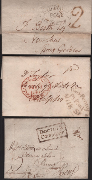 136823 1797-1849 COLLECTION 'LONDON TWO PENNY POST' HAND STAMPS AND USAGES (97 ITEMS).