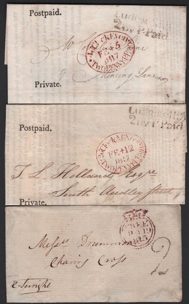 136823 1797-1849 COLLECTION 'LONDON TWO PENNY POST' HAND STAMPS AND USAGES (97 ITEMS).
