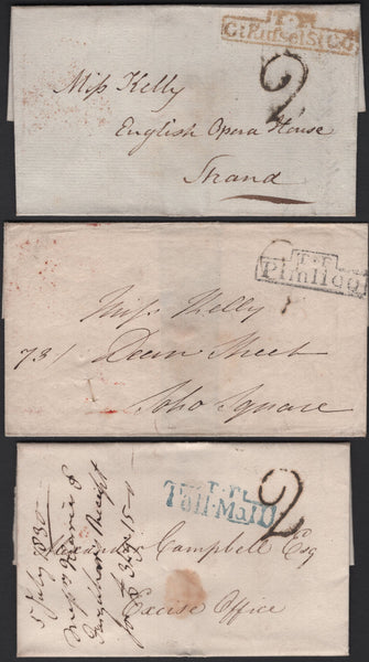 136823 1797-1849 COLLECTION 'LONDON TWO PENNY POST' HAND STAMPS AND USAGES (97 ITEMS).