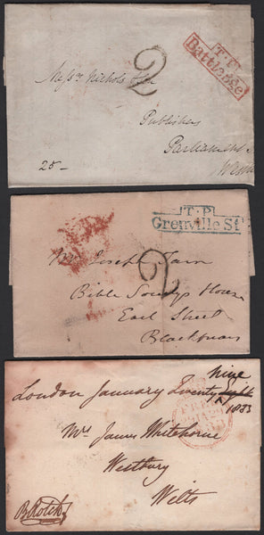 136823 1797-1849 COLLECTION 'LONDON TWO PENNY POST' HAND STAMPS AND USAGES (97 ITEMS).