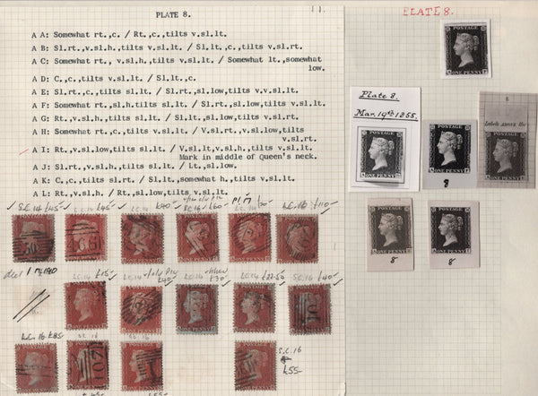 136824 THE 'R C ALCOCK OF CHELTENHAM' REFERENCE COLLECTION OF MISSING IMPRIMATUR LETTERINGS FROM 1855 DIE 2 1D PLATE EIGHT (16 STAMPS, TWO PAIRS, DATED PIECE, ONE COVER AND SIX PHOTOS).