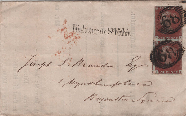 136832 1844 MAIL USED IN LONDON WITH PAIR 1D PL.39 (SG8) 'Bishopsgate.StWithin' RECEIVERS HAND STAMP (L514/BISWN24), PRINTED CONTENTS JEWISH RELATED.
