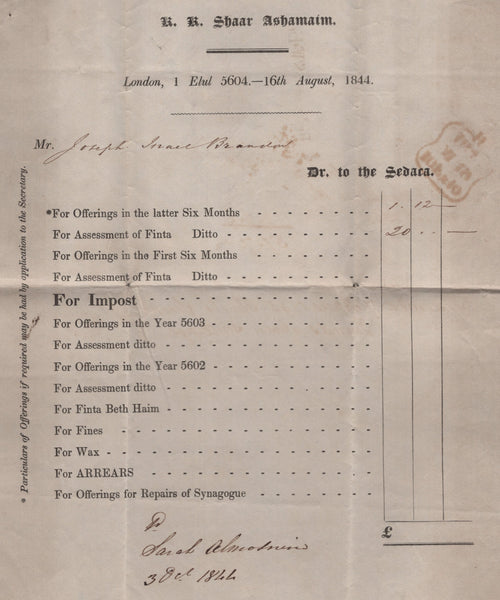 136832 1844 MAIL USED IN LONDON WITH PAIR 1D PL.39 (SG8) 'Bishopsgate.StWithin' RECEIVERS HAND STAMP (L514/BISWN24), PRINTED CONTENTS JEWISH RELATED.