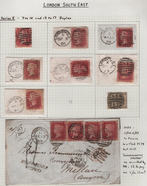 136833 1861-1869 'LONDON-S.E' CANCELLATIONS, ONE COVER, SIX PIECES AND TWO STAMPS.
