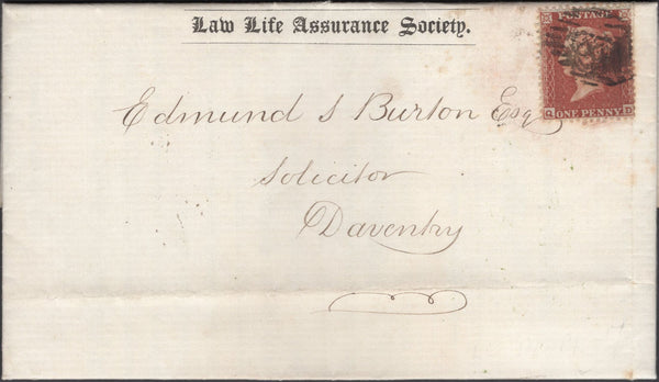 136834 1855 'LAW LIFE ASSURANCE OFFICE' PRINTED WRAPPER LONDON TO DAVENTRY WITH DIE 2 1D PL.7 (SG24)(QD CONSTANT VARIETY).