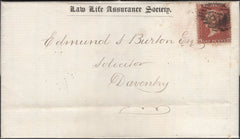 136834 1855 'LAW LIFE ASSURANCE OFFICE' PRINTED WRAPPER LONDON TO DAVENTRY WITH DIE 2 1D PL.7 (SG24)(QD CONSTANT VARIETY).