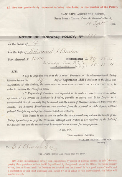 136834 1855 'LAW LIFE ASSURANCE OFFICE' PRINTED WRAPPER LONDON TO DAVENTRY WITH DIE 2 1D PL.7 (SG24)(QD CONSTANT VARIETY).