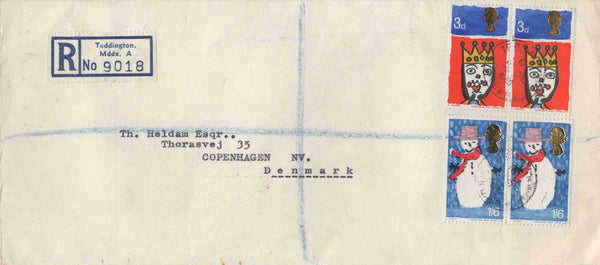 136847 1966 REGISTERED MAIL TEDDINGTON TO DENMARK WITH 3D (SG713) AND 1/6 (SG714) PAIRS.