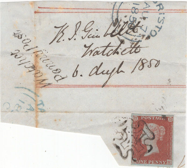 136854 1850 DATED PIECE FROM WATCHET, SOMERSET WITH 1D PL.99 (SG8)(RH) VERY LATE USE OF THE MALTESE CROSS.