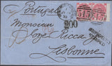 136869 1870 MAIL NEWCASTLE ON TYNE TO PORTUGAL WITH 3D ROSE PL.5 (SG103) X 2 WITH 'INSUFFICIENTLY/STAMPED' HAND STAMP.