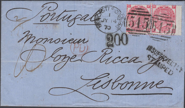 136869 1870 MAIL NEWCASTLE ON TYNE TO PORTUGAL WITH 3D ROSE PL.5 (SG103) X 2 WITH 'INSUFFICIENTLY/STAMPED' HAND STAMP.