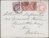 136870 1882 MAIL ALDERLEY EDGE, CHESHIRE TO BERLIN WITH 1D PINK, 1D LILAC AND 1½D VENETIAN (SG167) X 2.