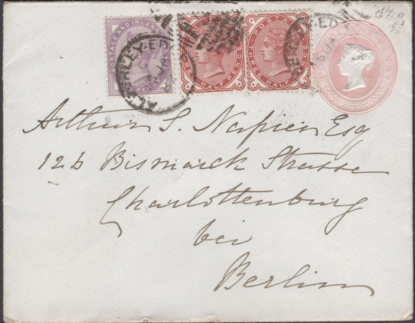 136870 1882 MAIL ALDERLEY EDGE, CHESHIRE TO BERLIN WITH 1D PINK, 1D LILAC AND 1½D VENETIAN (SG167) X 2.
