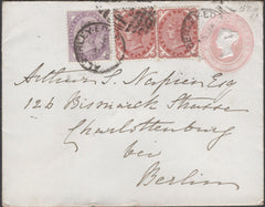 136870 1882 MAIL ALDERLEY EDGE, CHESHIRE TO BERLIN WITH 1D PINK, 1D LILAC AND 1½D VENETIAN (SG167) X 2.