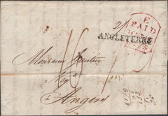 136874 1819 MAIL NEWCASTLE UPON TYNE TO ANGERS WITH VARIOUS HAND STAMPS.