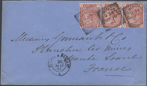 136880 1881 MAIL BIRMINGHAM TO FRANCE WITH 1D VENETIAN RED (SG166) X 3 'BIRMINGHAM' SQUARED CIRCLES.