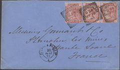 136880 1881 MAIL BIRMINGHAM TO FRANCE WITH 1D VENETIAN RED (SG166) X 3 'BIRMINGHAM' SQUARED CIRCLES.