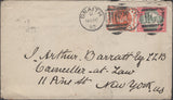 136881 1892 MAIL SNAITH, NORTH YORKSHIRE TO NEW YORK WITH ½D VERMILION (SG197) AND 4½D (SG206a).