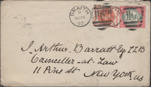 136881 1892 MAIL SNAITH, NORTH YORKSHIRE TO NEW YORK WITH ½D VERMILION (SG197) AND 4½D (SG206a).
