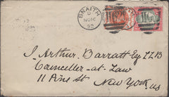 136881 1892 MAIL SNAITH, NORTH YORKSHIRE TO NEW YORK WITH ½D VERMILION (SG197) AND 4½D (SG206a).