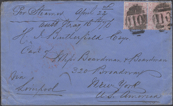 136882 1876 MAIL KEIGHLEY, WEST YORKSHIRE TO NEW YORK WITH 2½D ROSY-MAUVE ON WHITE PAPER PL.2 (SG139) X 2.