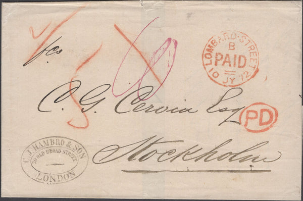 136883 1872 MAIL LOMBARD STREET, LONDON TO STOCKHOLM WITH POSTAGE PAID IN CASH.