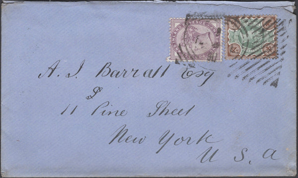 136885 1890 MAIL LONDON TO NEW YORK WITH 1D LILAC (SG172) AND 4D (SG205) HOSTER CANCELLATION.