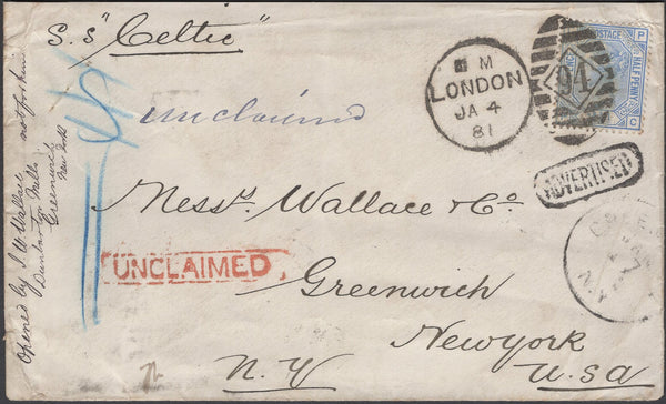 136886 1881 UNCLAIMED MAIL LONDON TO NEW YORK WITH VARIOUS INSTUCTIONAL HAND STAMPS.