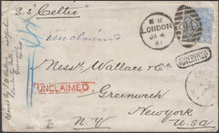 136886 1881 UNCLAIMED MAIL LONDON TO NEW YORK WITH VARIOUS INSTUCTIONAL HAND STAMPS.