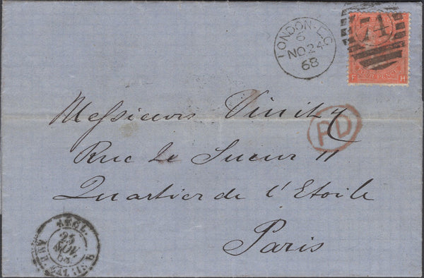136888 1868 MAIL LONDON TO PARIS WITH 4D VERMILION PL.10 (SG94).