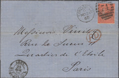 136888 1868 MAIL LONDON TO PARIS WITH 4D VERMILION PL.10 (SG94).