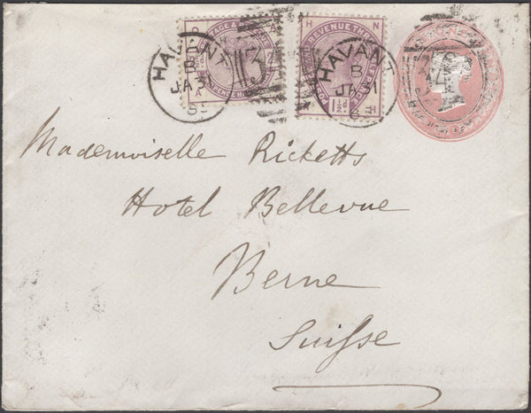 136889 1885 1D PINK ENVELOPE HAVANT, HANTS TO BERNE UPRATED WITH 1½D LILAC (SG188) AND 2½D (SG190).