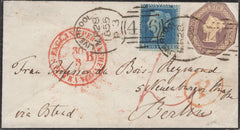 136890 1855 MOURNING ENVELOPE LIVERPOOL TO BERLIN WITH 6D EMBOSSED (SG58) AND 2D BLUE PL.4 (SG19) WITH 'LIVERPOOL/466' SPOON CANCELLATION TYPE C3 (RA67).