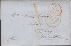 136891 1850 MAIL SOUTHAMPTON TO TENBURY, WORCS WITH UNIFORM PENNY POST '1' HAND STAMP OF SOUTHAMPTON (HA1340).