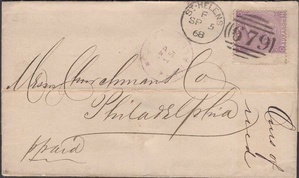 136893 1868 MAIL ST HELENS, LANCS TO USA WITH 6D LILAC PL.6 (SG104).